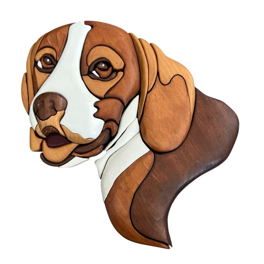 Carved Wood Intarsia Dog Head Beagle Face Wall Hanging Art Mosaic Puzzle Plaque